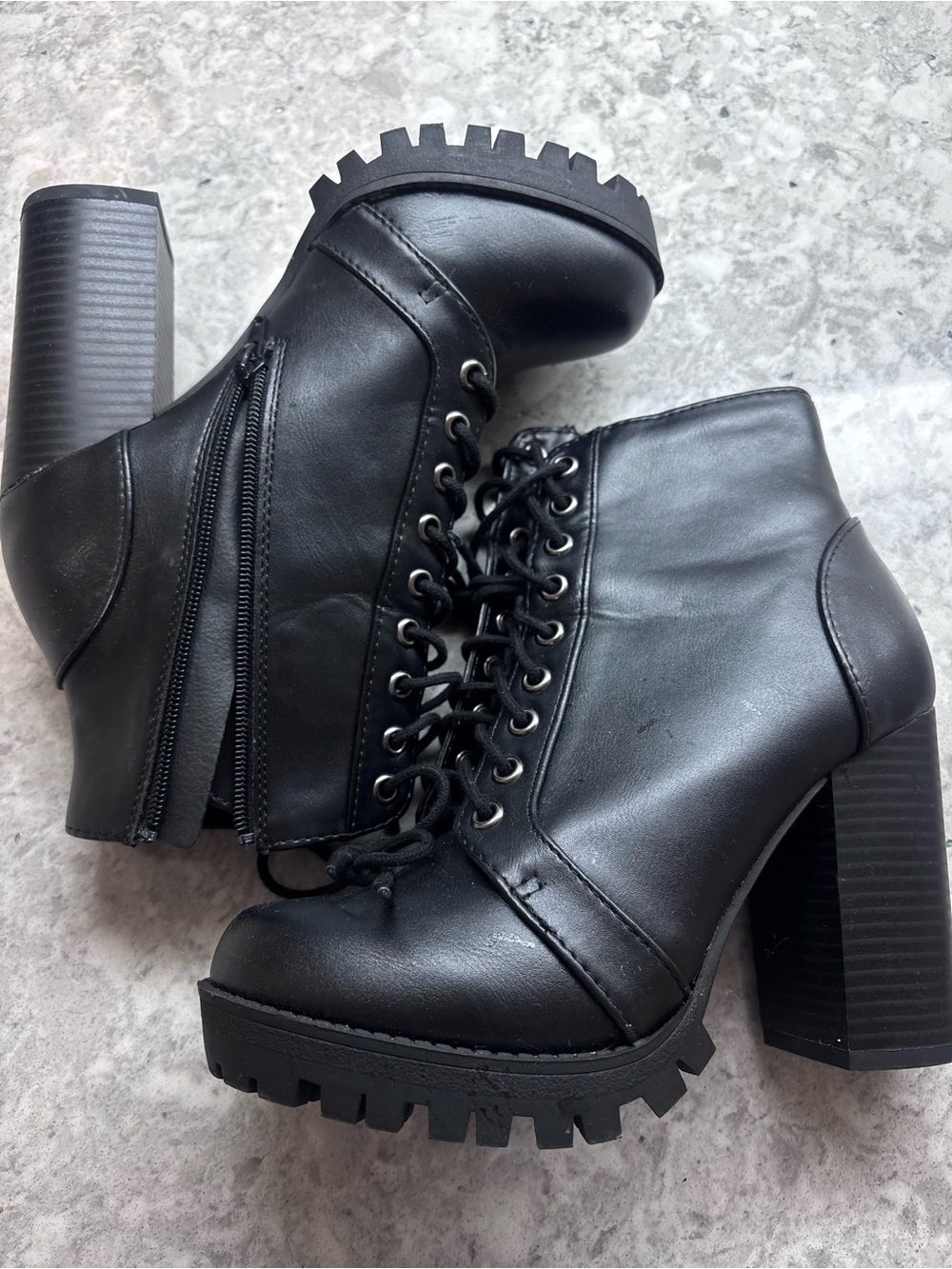 Women's Black Lug Sole Block Heel Lace-Up Booties